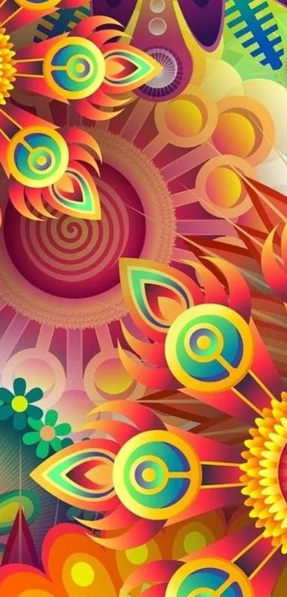 Vibrant abstract floral design wallpaper with geometric patterns.