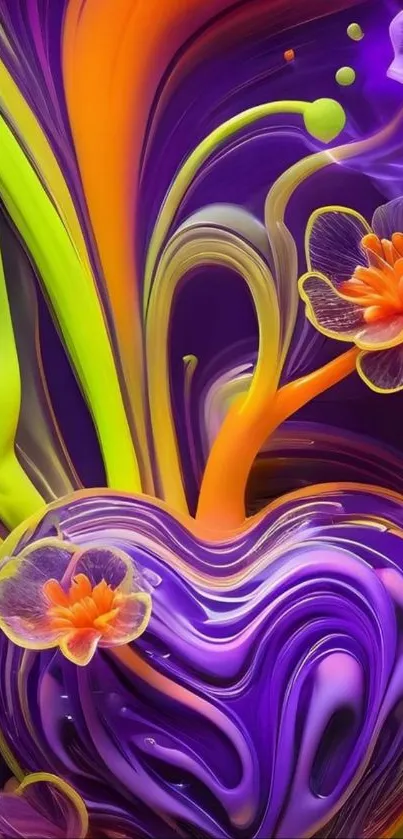 Abstract floral wallpaper with vibrant purple and orange hues.