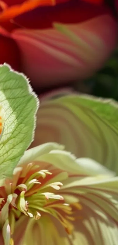 Vibrant abstract floral design with red and green petals.