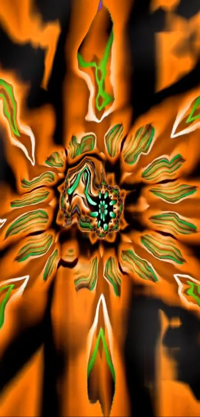 Abstract floral pattern in orange and green hues.