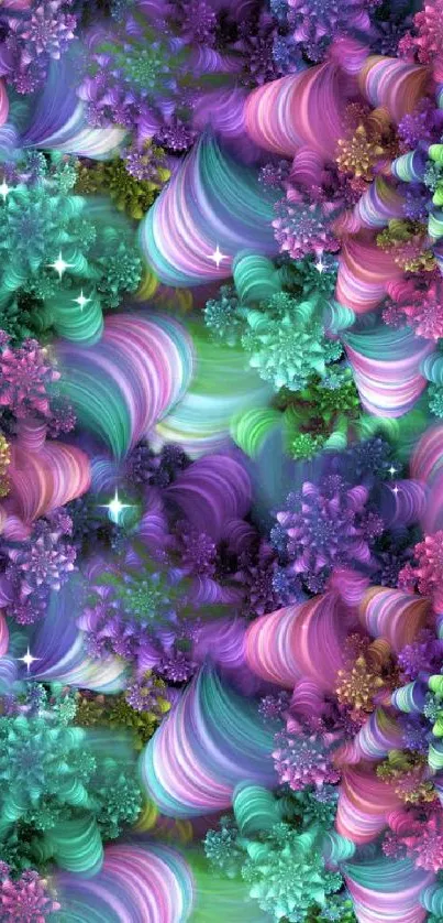 Vibrant abstract floral pattern with purple, teal, and pink hues.