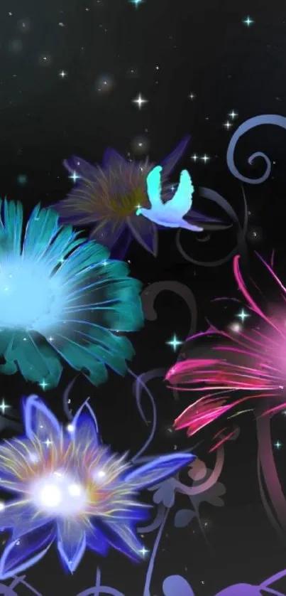 Vibrant abstract floral wallpaper with glowing flowers on a dark background.