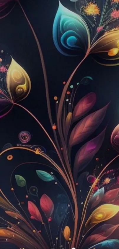 Vibrant abstract floral design with colorful leaves.
