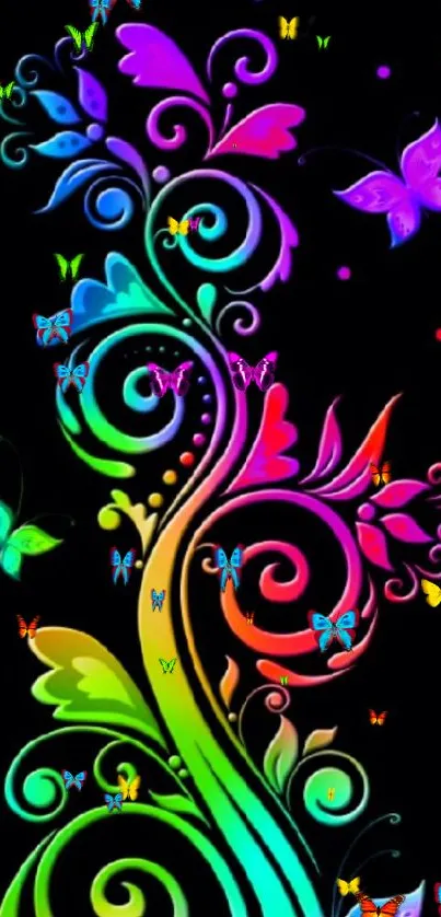 Colorful abstract floral wallpaper with swirls and butterflies on a black background.