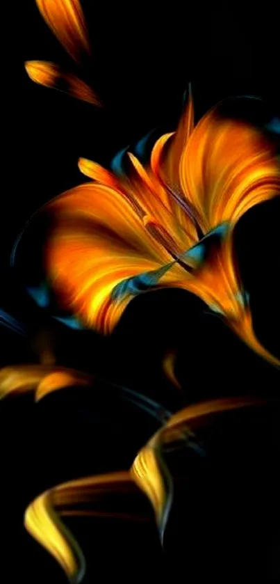 Abstract floral wallpaper with vibrant orange hues on a black background.