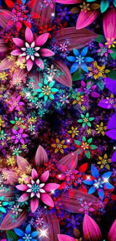 Vibrant abstract floral wallpaper with colorful flowers.