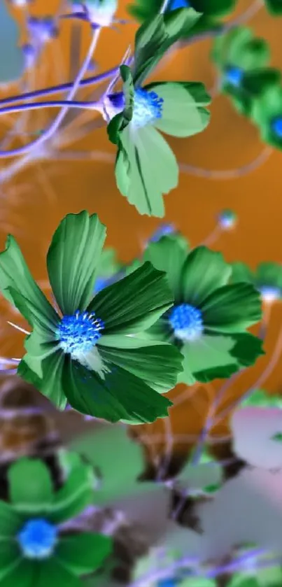 Vibrant abstract wallpaper with green flowers and blue centers on an orange background.