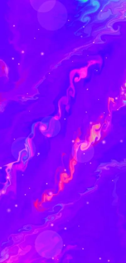 Vibrant abstract fluid art wallpaper with purple swirls and colorful accents.