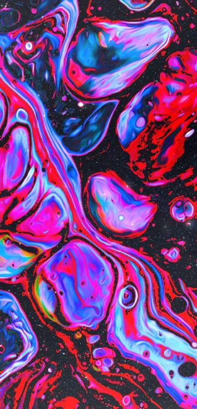 Vibrant fluid abstract art mobile wallpaper with pink, blue, and red hues.