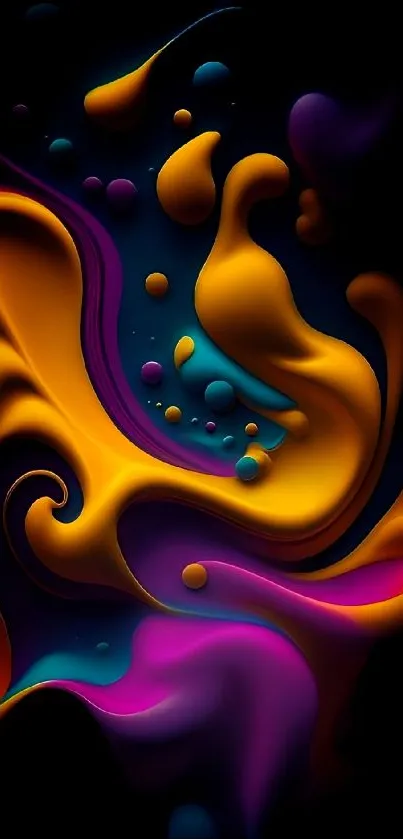 Vibrant abstract fluid art wallpaper with swirling colors on a dark background.