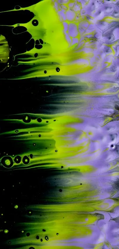 Vibrant abstract fluid art wallpaper with yellow and purple colors.