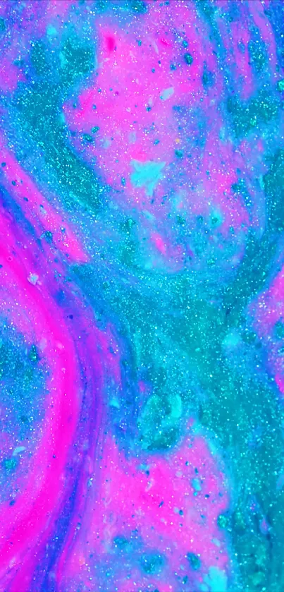 Vibrant pink and turquoise abstract fluid art wallpaper.