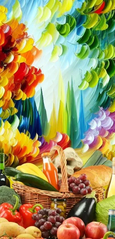 Colorful abstract food art with fruits and vegetables.