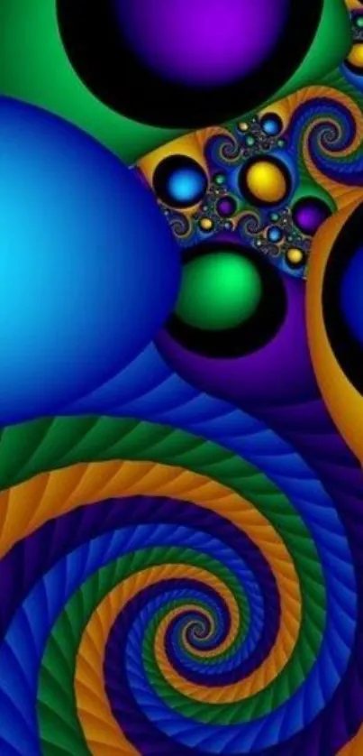 Vibrant abstract fractal art wallpaper with colorful swirls and spheres.