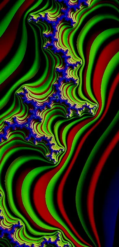 Vibrant abstract fractal art wallpaper with dynamic green, red, and blue patterns.