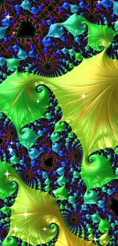 Vibrant fractal artwork with green spiral patterns on a mobile wallpaper.