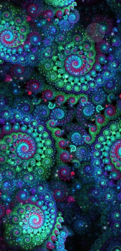 Vibrant fractal spiral pattern wallpaper with bold colors.