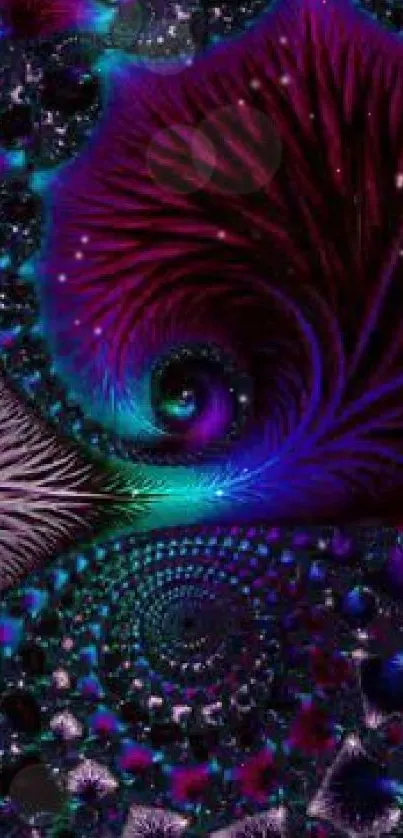 Vibrant abstract fractal mobile wallpaper with swirling purple and blue patterns.