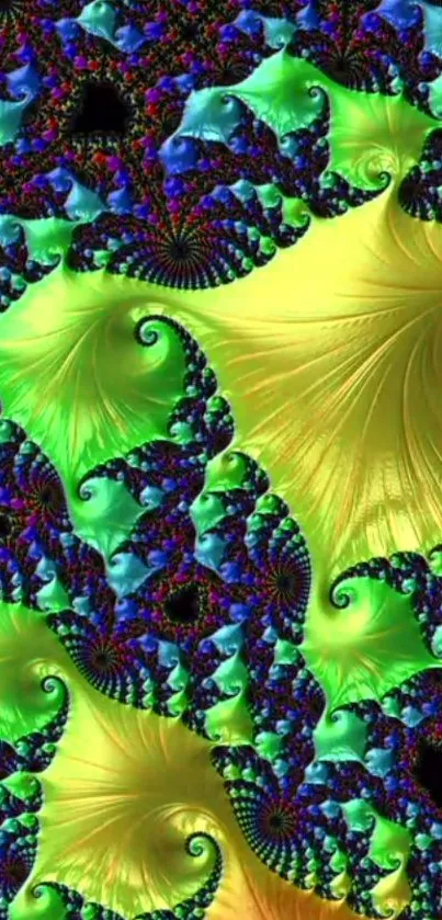 Vibrant fractal design with lime green and blue swirls.