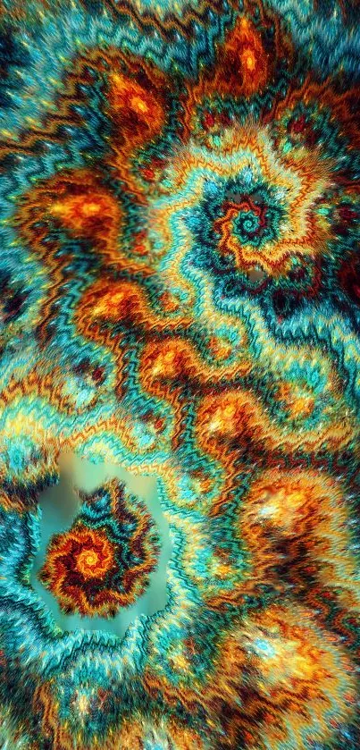 Vibrant abstract fractal wallpaper with vivid blue, orange, and red swirling patterns.