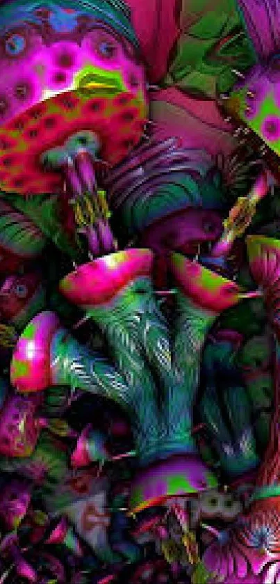 Abstract colorful fungi art wallpaper with neon hues.