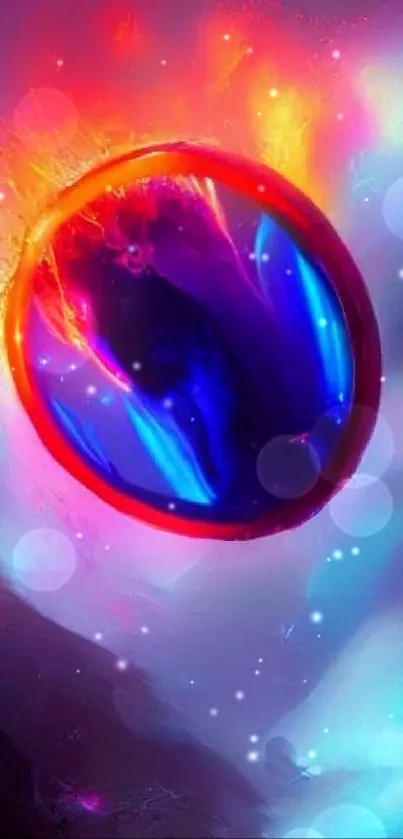 Vibrant abstract galaxy sphere with fiery colors in a digital art style.