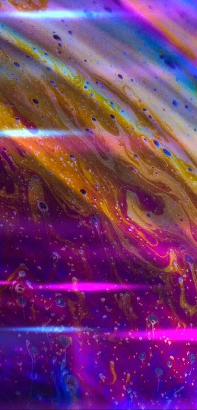 Vibrant abstract galaxy wallpaper with purple and gold swirls.