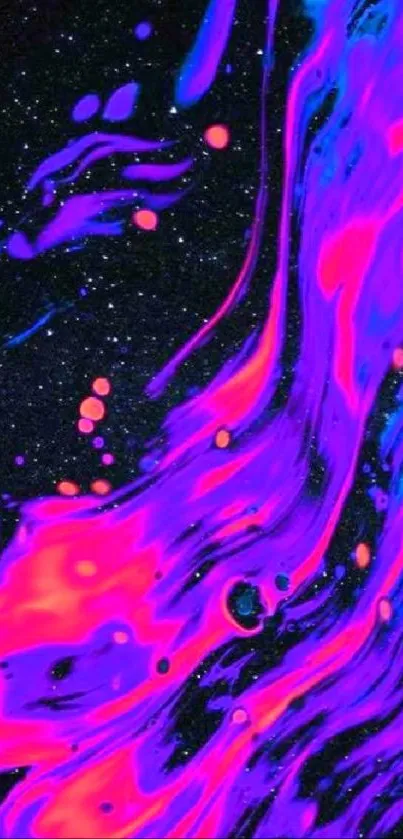 Colorful abstract wallpaper with neon purple and pink swirl on black background.