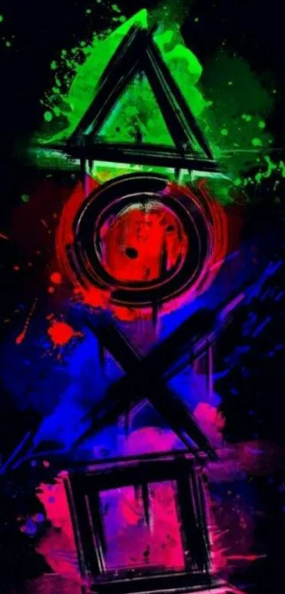 Abstract gaming art with vibrant splashes and iconic shapes on black background.