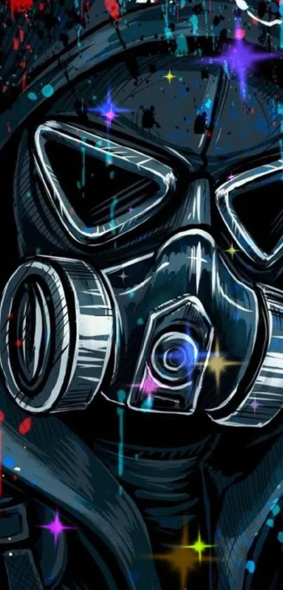 Abstract gas mask art with vibrant colors on a dark background wallpaper.