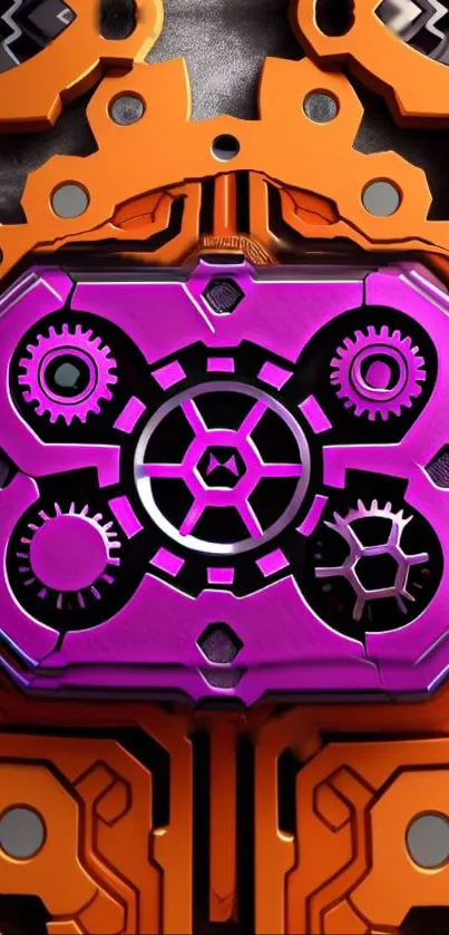 Abstract vibrant gears with orange, purple design.