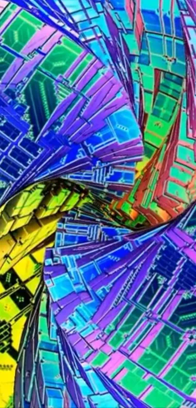 Vibrant abstract geometric wallpaper with twisting colors.