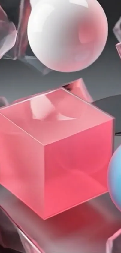 Abstract geometric wallpaper with pink cube and spheres.