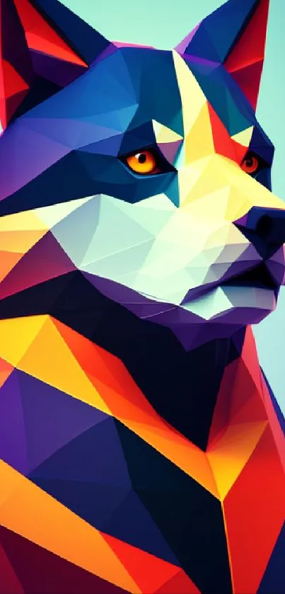 Vibrant geometric dog art with bold colors and abstract design.