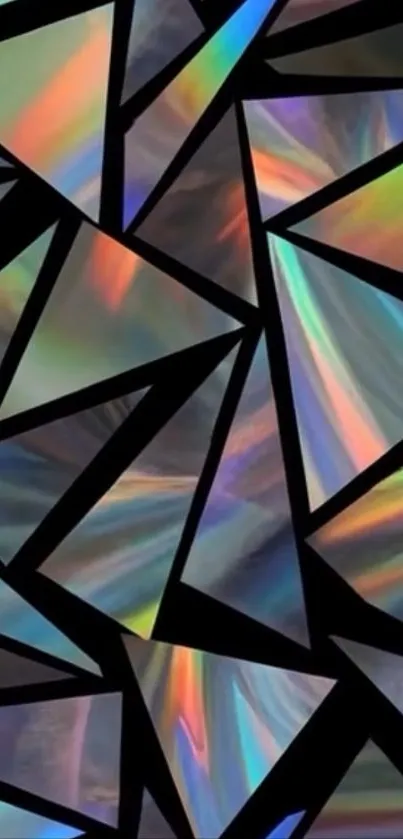 Abstract geometric pattern with iridescent prism effects in black and colors.