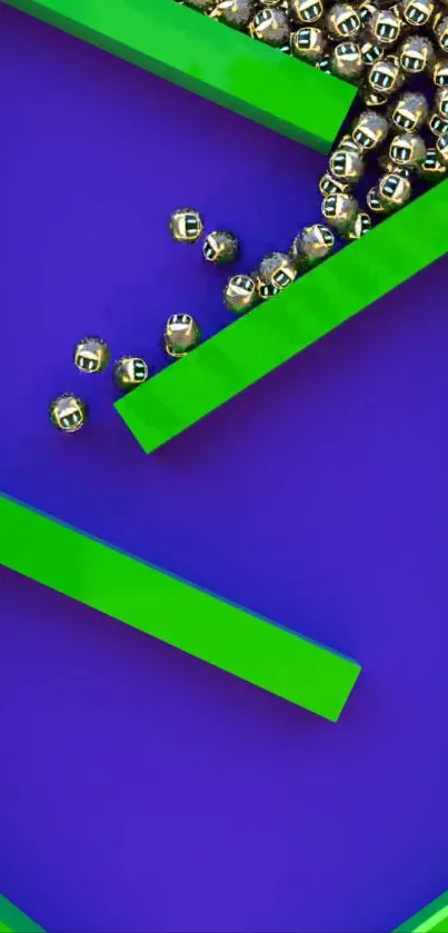 Abstract green and purple geometric wallpaper with metallic balls.