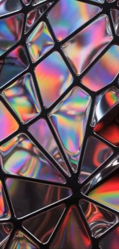 Vibrant geometric wallpaper with prism effect and rainbow colors.