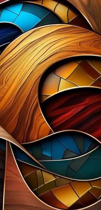Abstract geometric wallpaper with vibrant colors and wooden texture.