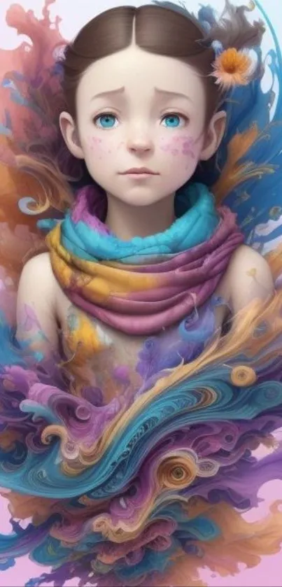 Colorful abstract art of a girl with vibrant paint swirls.