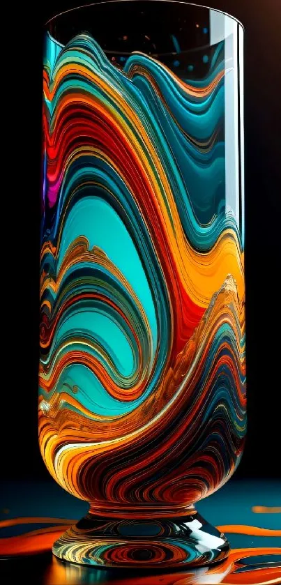 Vibrant abstract glass filled with swirling multicolor liquid design.