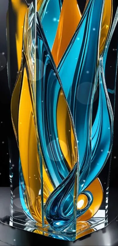 Vibrant abstract glass art with blue and orange swirls.