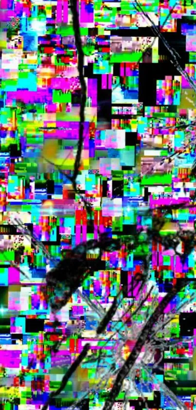 Vibrant abstract glitch art wallpaper with colorful pixel patterns.