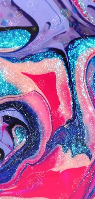 Vibrant abstract glitter wallpaper with swirls of pink, purple, and blue hues.