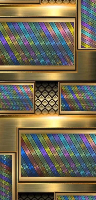 Vibrant abstract wallpaper with gold frames and colorful patterns.