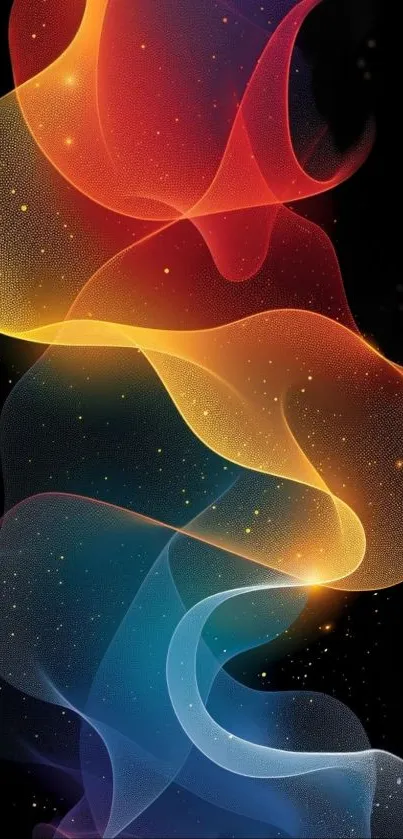 Abstract gradient wallpaper with vibrant red, orange, and blue swirls on a dark background.