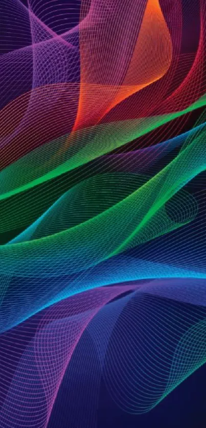 Vibrant abstract gradient wallpaper with colorful waves on dark background.