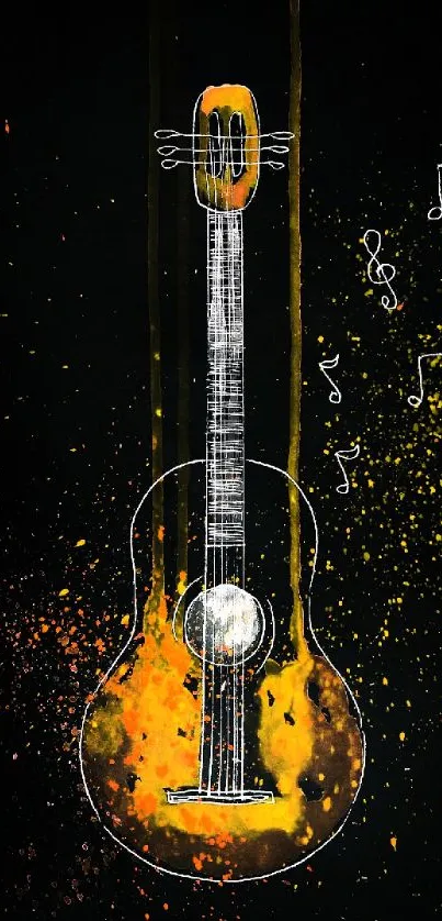 Abstract guitar design with vibrant colors on a dark background.