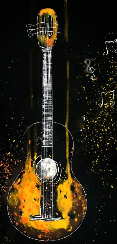 Abstract guitar art with orange and musical notes on a black background.