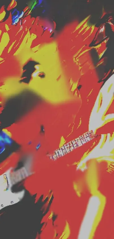 Abstract guitar art wallpaper with red and yellow splashes.