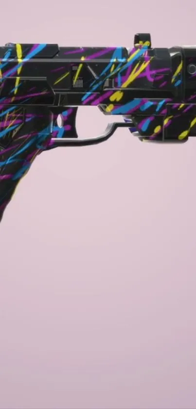 Abstract colorful gun design on pink background.